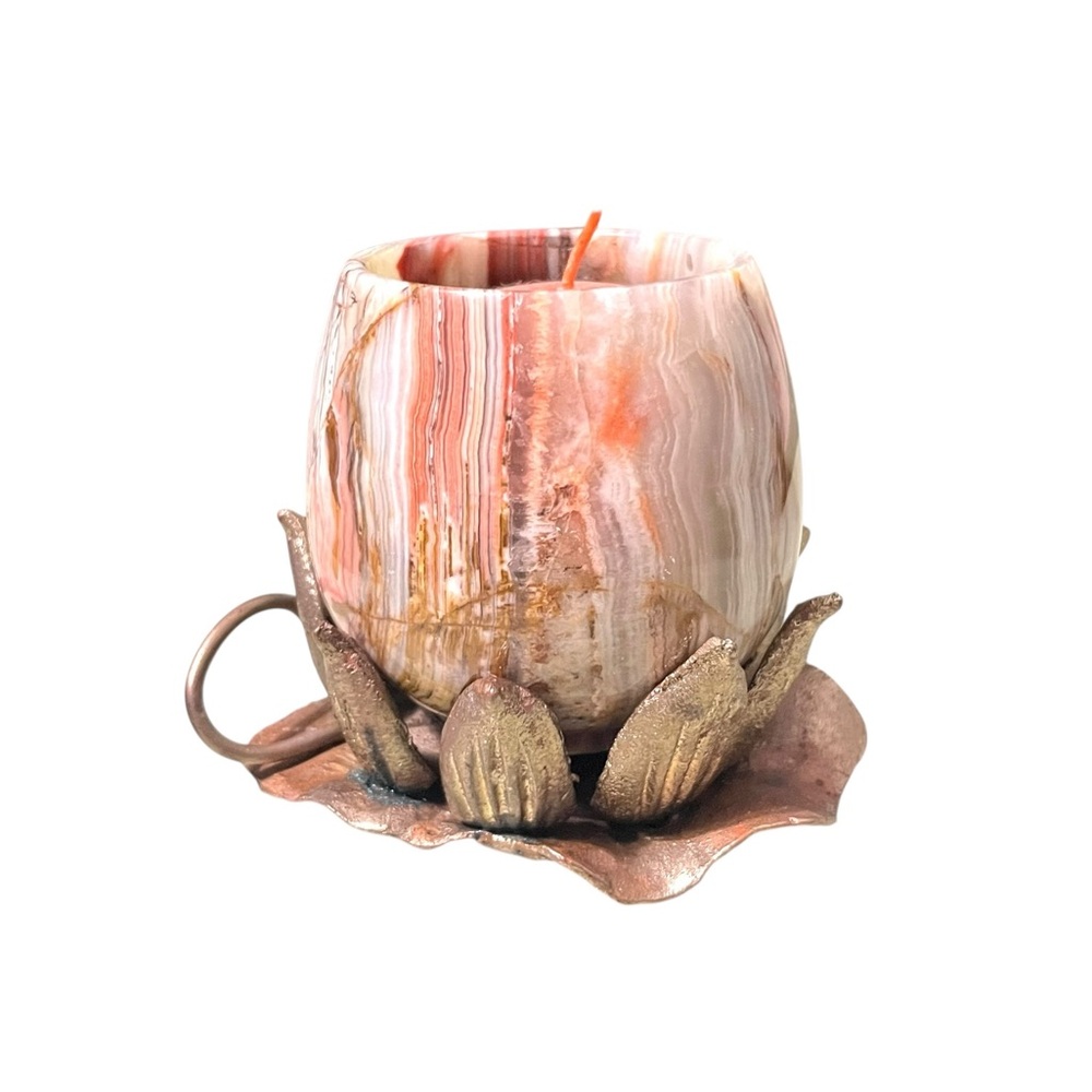 Vintage Rubel Brass Lotus  & Onyx Votive Holder